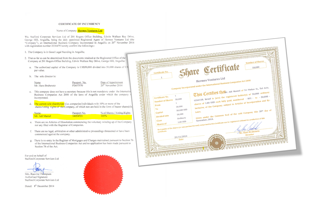 Apostille Adi Mantler and Share Certificate Adi Mantel and Hermes Ventures share certificate