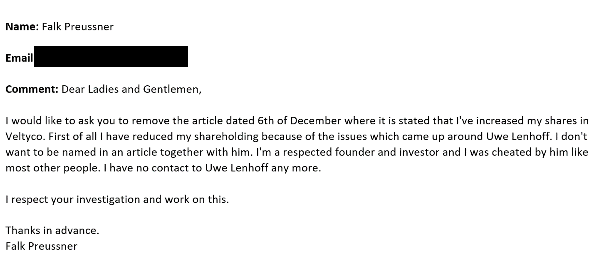 Falk Preussner Email Veltyco and Uwe Lenhoff