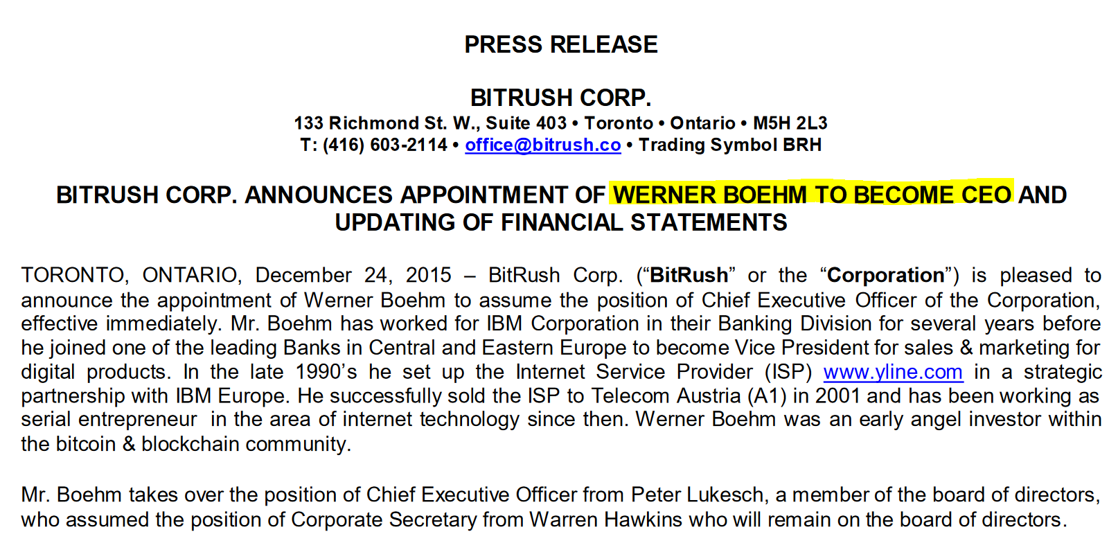 BRH CEO Werner Boehm BitRush Corp and Werner Boehm