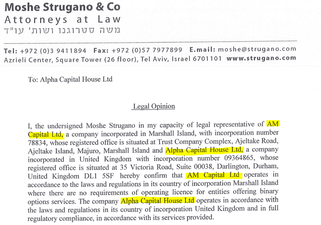 Moshe Strugano legal opinion Tradorax with AM Capital and Alpha Capital House