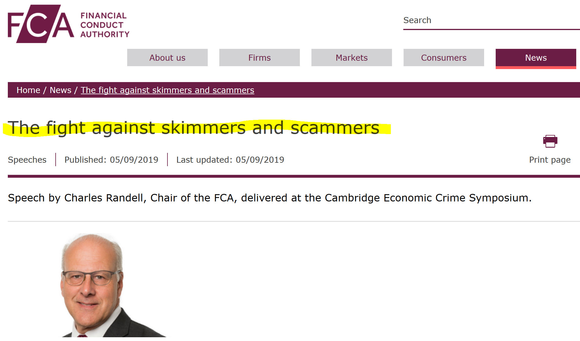 FCA Chair on the fight against investment scams FCA Chair Charles Randell speech on skimmers and scammers