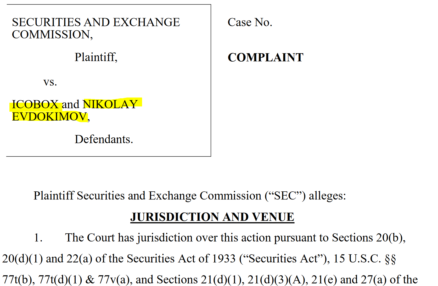 SEC ICOBox complaint SEC complaint ICOBox and Nikolay Evdokimov