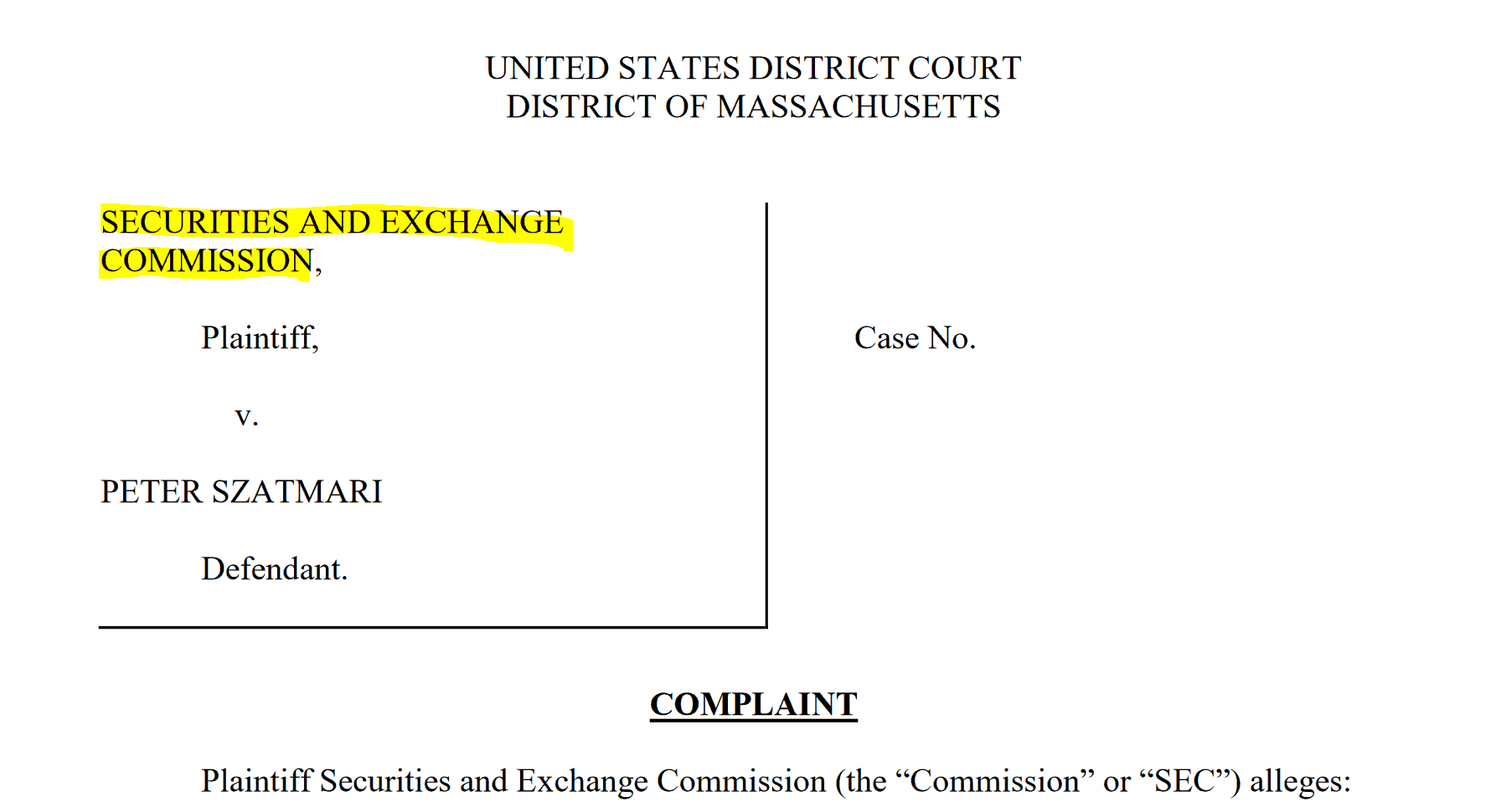 SEC Peter Szatmari SEC complaint Peter Szatmari