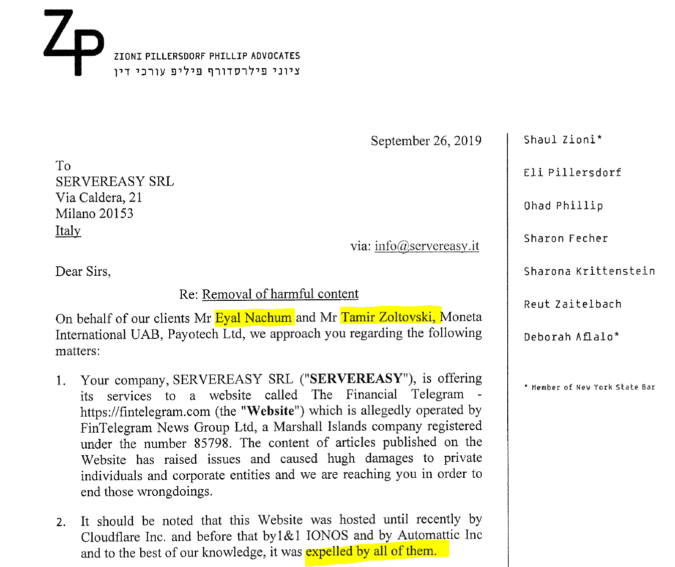 ZPlaw Servereasy highlighted ZP Advocates defamation FinTelegram Eyal Nachum Tamir Zoltovski