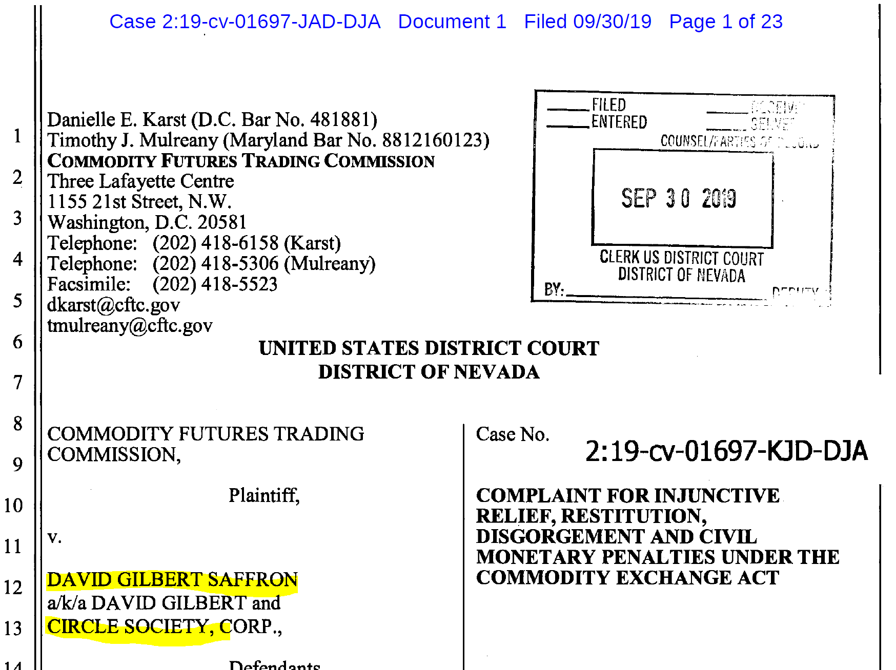 CFTC complaint Circle Society and Davig Saffron CFTC Complaing Saffron and Circel Society