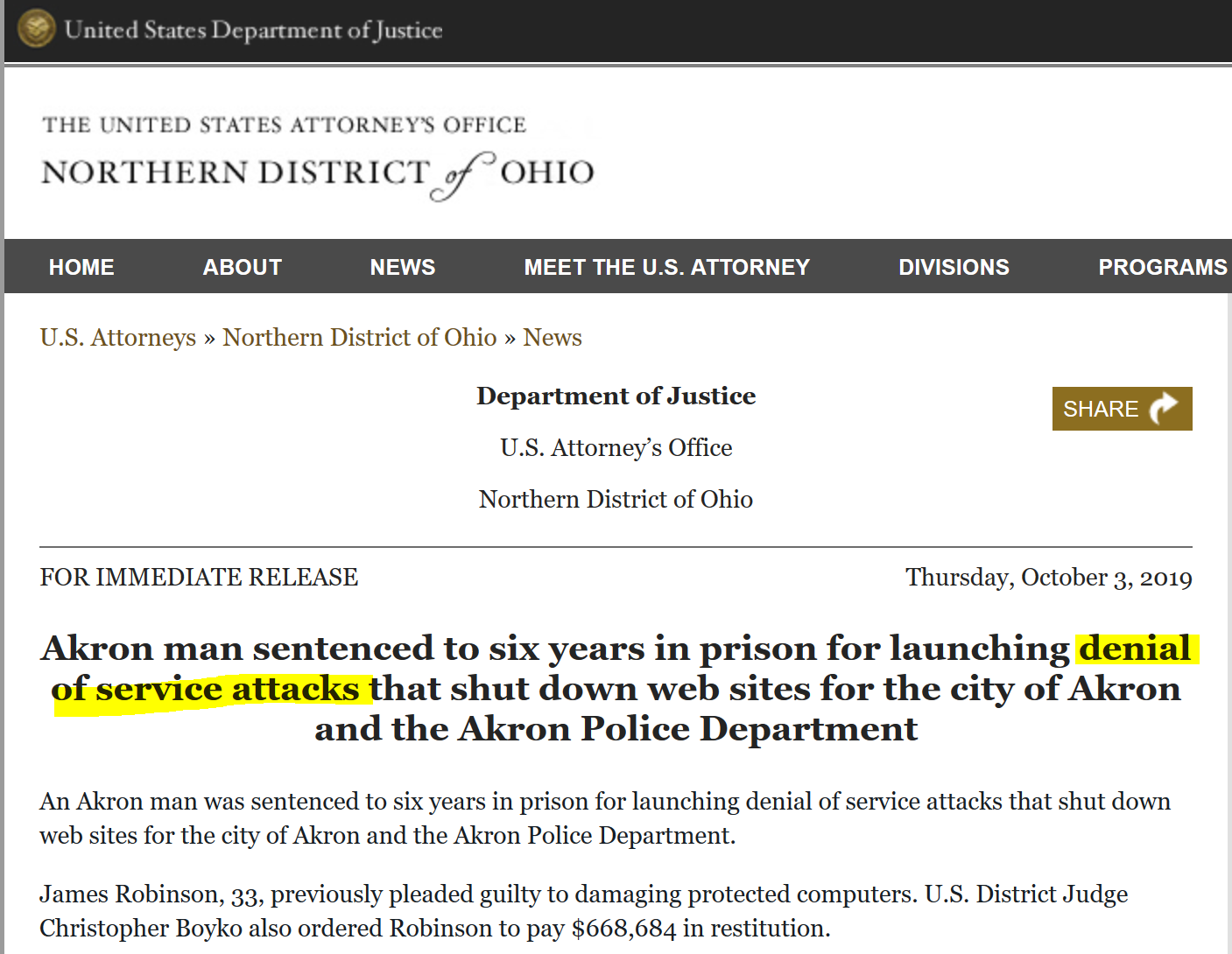 DDOs Akron Sentence DDoS attacker receives 6 year prison term