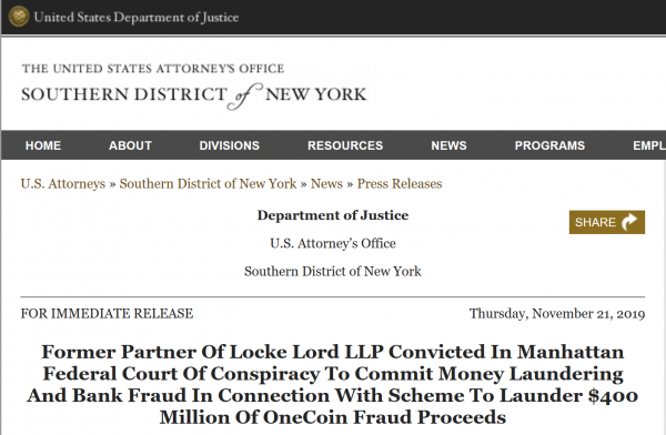 DOJ press release Mark S. Scott convicted OnceCoin lawyer Mark S. Scott convicted