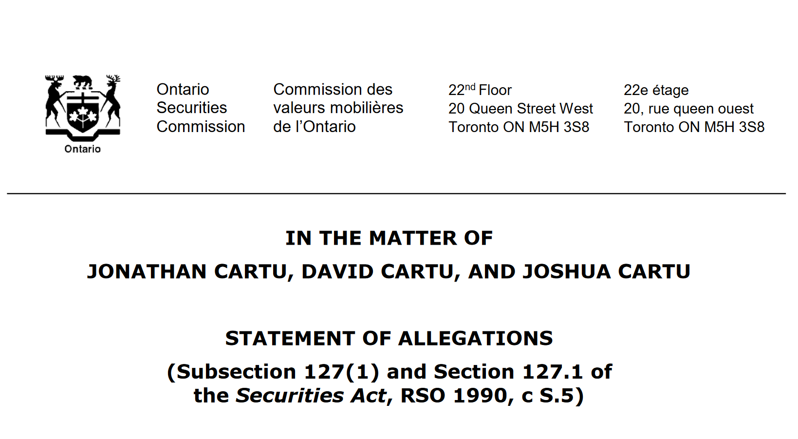 OSC vs Cartu Bros Screenshot Canadian OSC charges David Cartu and his brothers