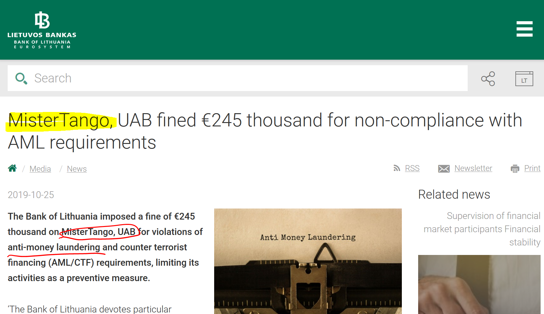 Bank of Lithuania Mister Tango Mister Tango fined by Bank of Lithuania