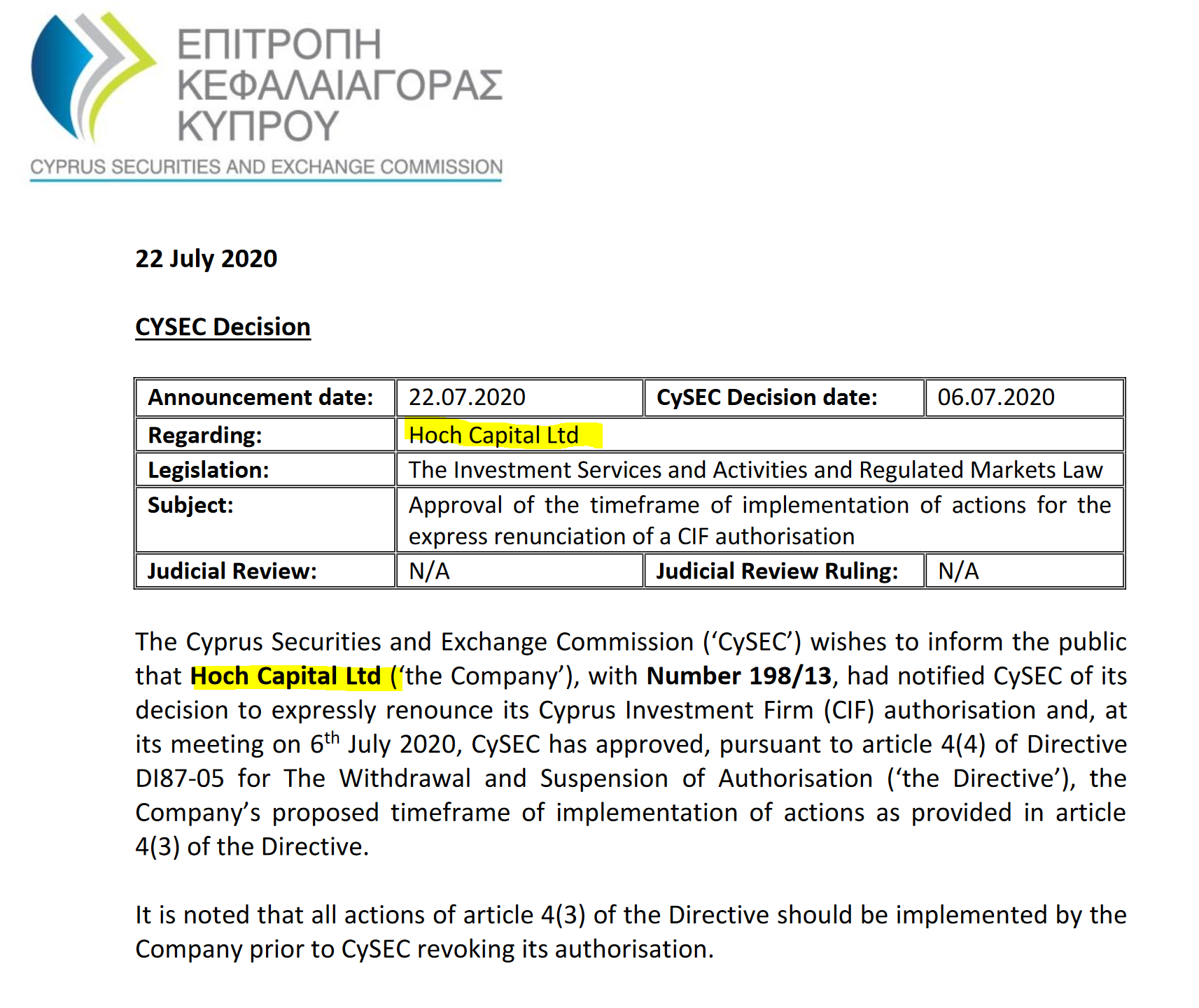 CySEC Hoch Capital license renouncement Rodeler and Hoch Capital renounce their CySEC license