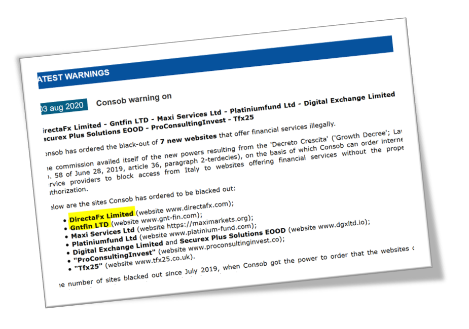 Consob black-out Aug 3 Consob blackened out broker scams