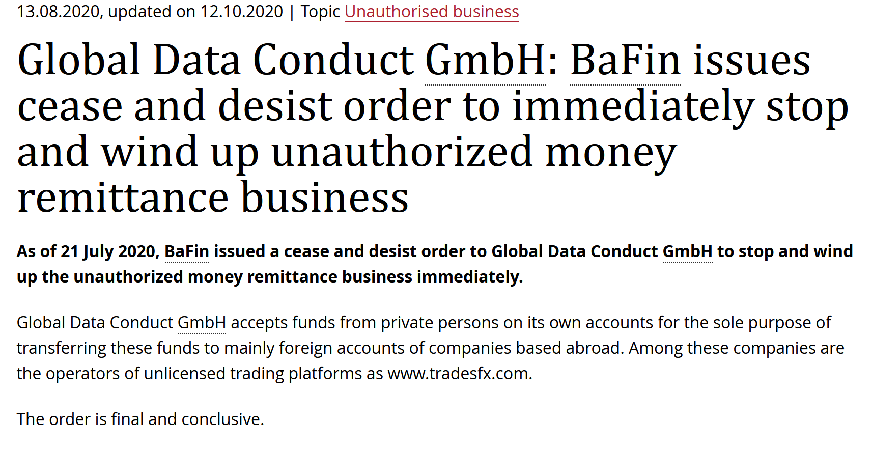 Bafin Global Data Conduct final BaFin cease and desist order against illegal payment processor Global Data Conduct