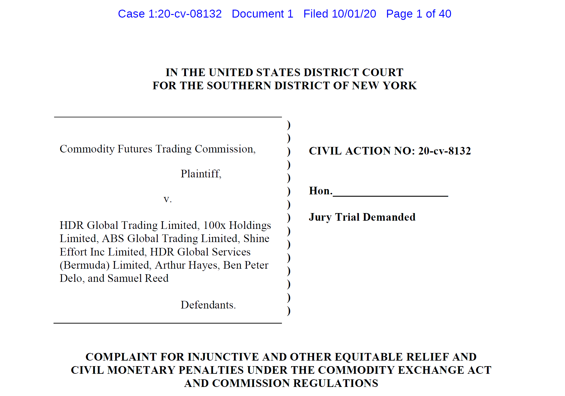 CFTC complaint against BitMEX and its individuals