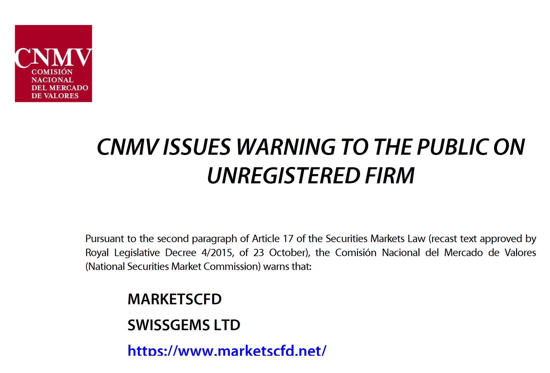 CNMV Swissgems MarketsCFD CNMV warns against Swissgems and MarketsCFD