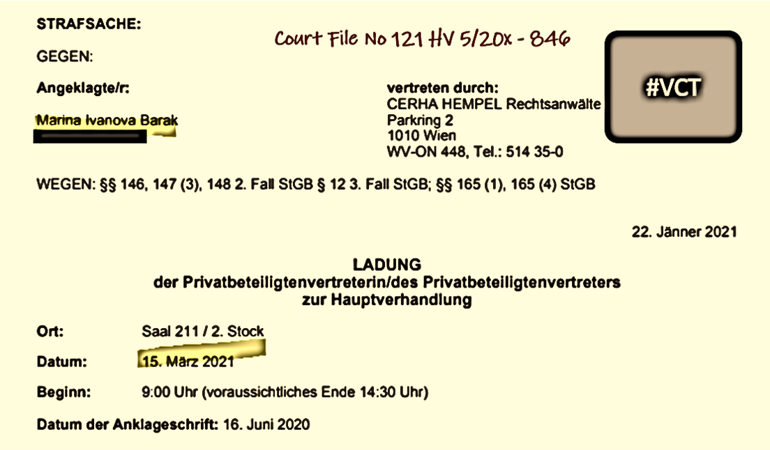 Marina Barak trial date fi Vienna Cybercrime Trial against Marina Barak scheduled