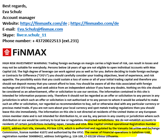 Finmax email signatures with Max Capital in Vanuatu and Gateline in Lithuania