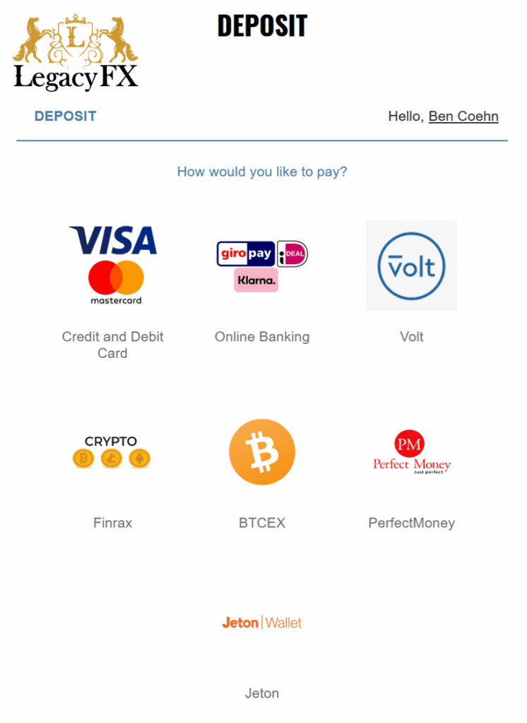 LegacyFX Praxis Cashier payment options