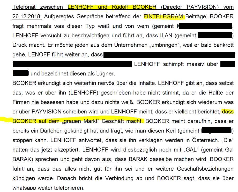 Rudolf Booker and Uwe Lenhoff communicate over the FinTelegram problem