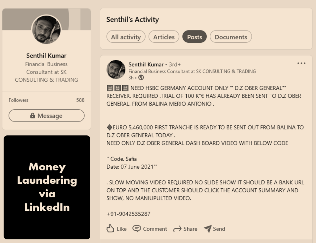 Money-laundering via LinkedIn FI Money-laundering via LinkedIn