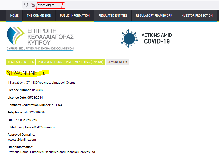 ST24ONLINE CySEC Fake ST24ONLINE broker scam works with fake CySEC registry page