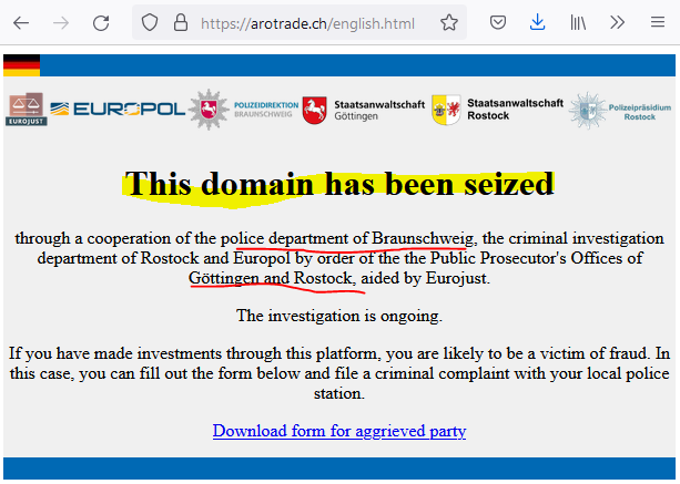 German prosecutors seized Arotrade and other domains