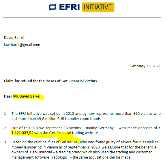 EFRI claim sent to David Bar-El