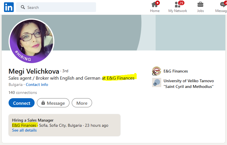 Megi Velichkova looks for a sales manager for E&G Finances