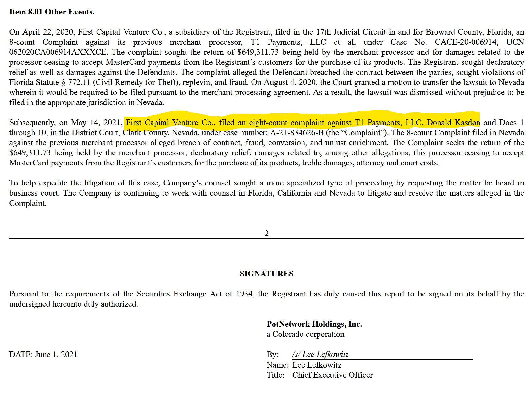 First Capital Venture v T1 Payments High-risk payment processor T1 Payments received fraud complaint