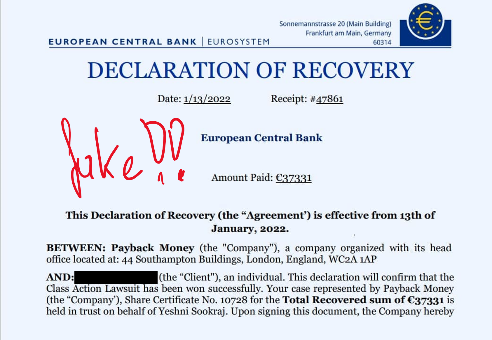 Payback Money Fake Certificate Fake Declaration of Recovery