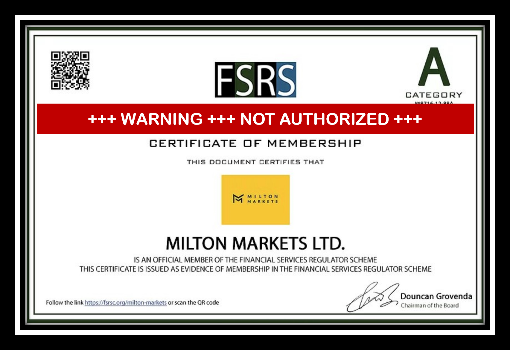investor warning against offshore broker Milton Markets