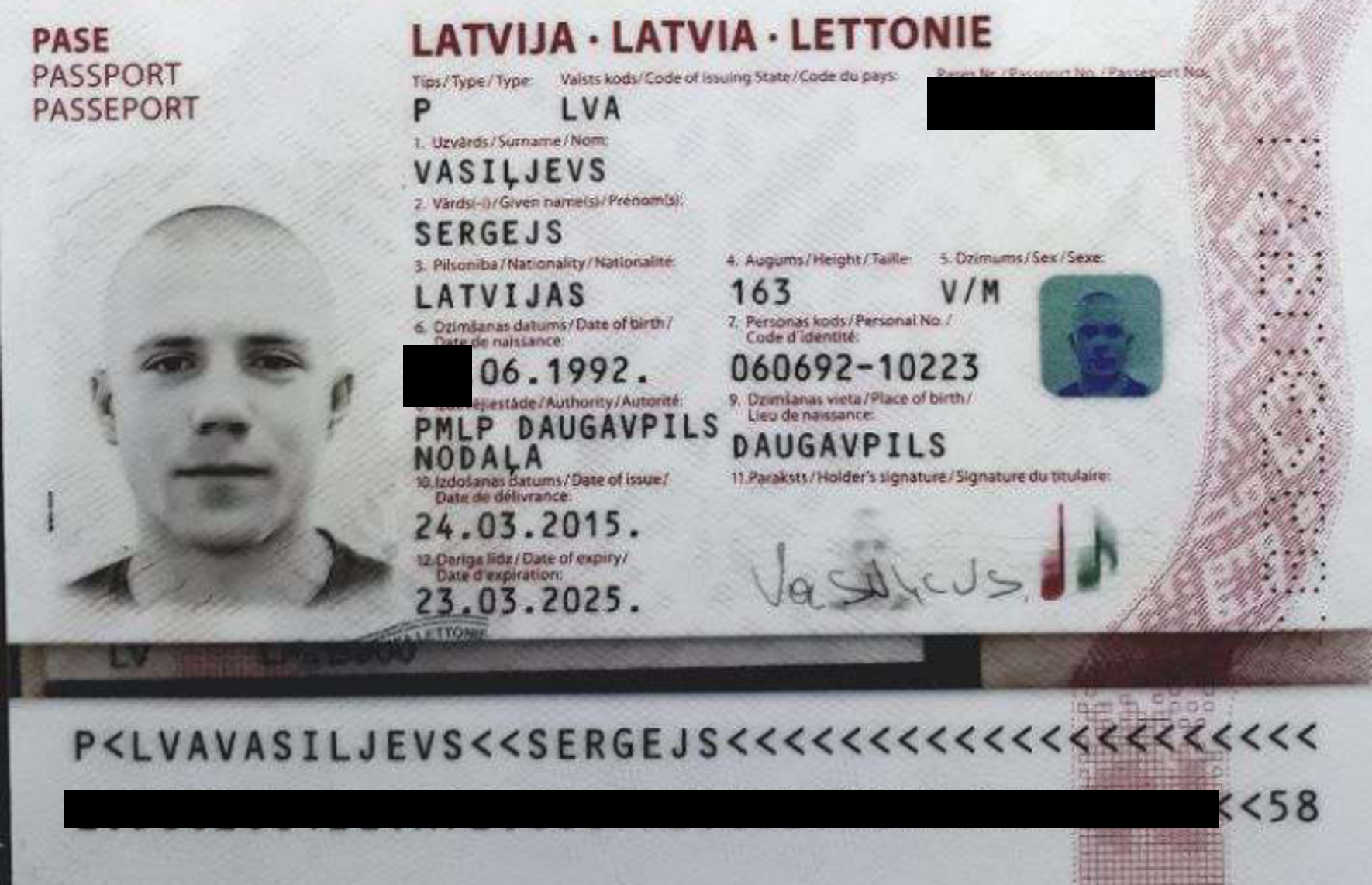 Latvian Racket lieutenant Sergejs Vasilijevs passport redacted
