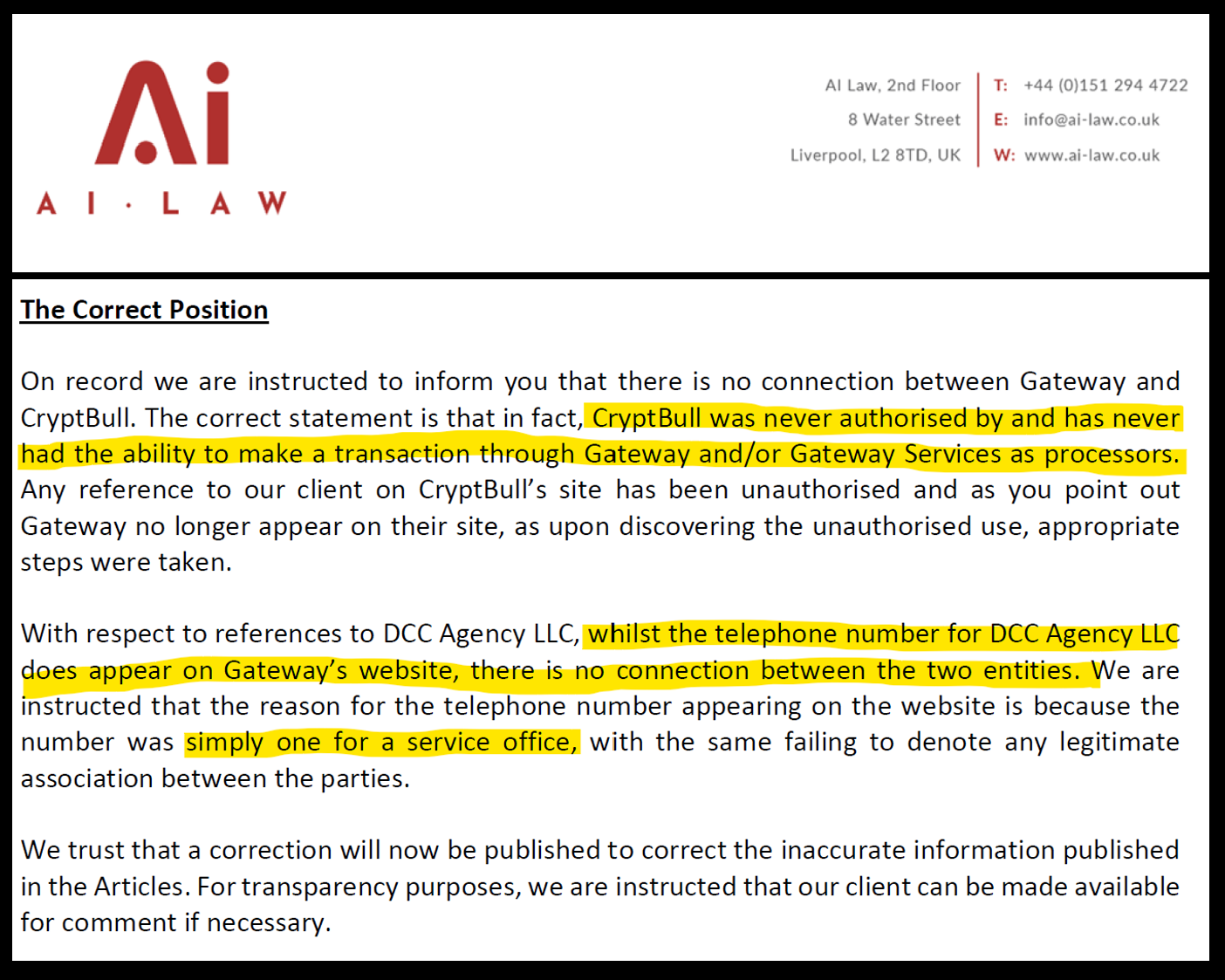 Gateway legal statement Gateway statement to FinTelegram