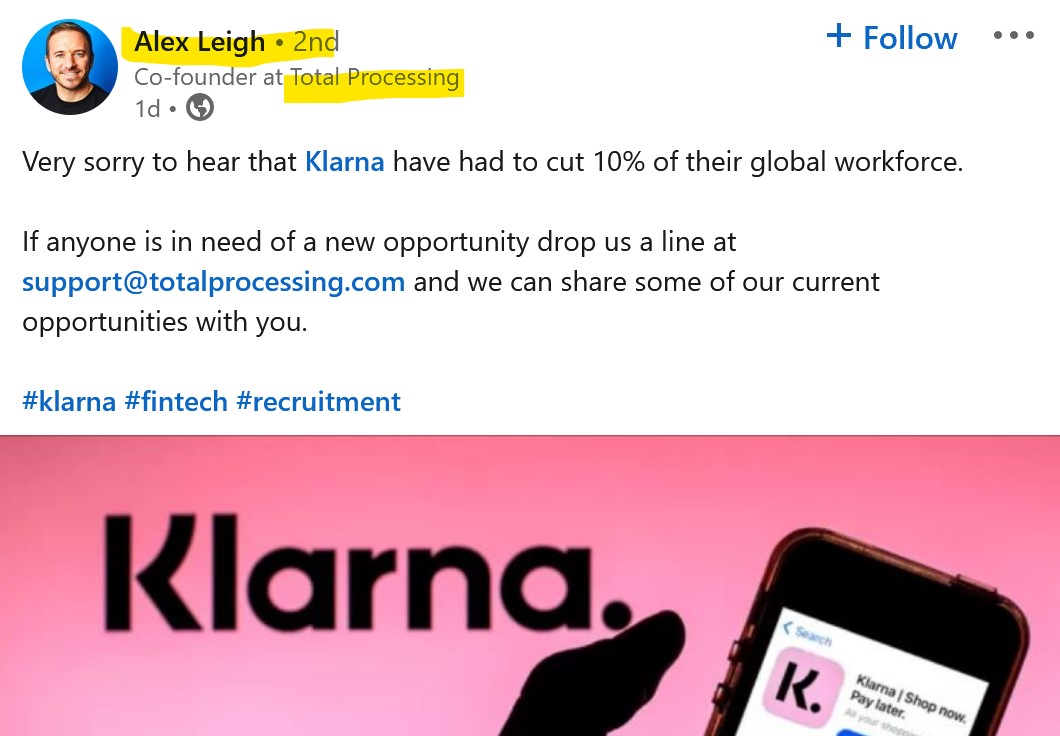 High-Risk payment processor Total Processing recruits dismissed Klarna employees