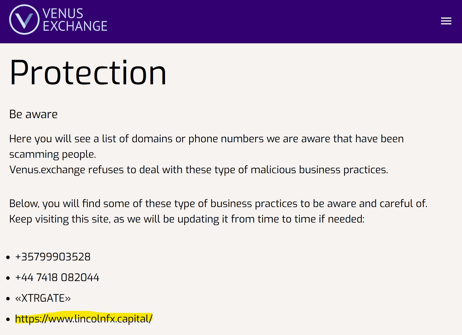 Venus Exchange warns against LincolnFX scam Venus Exchange warns against LincolnFX