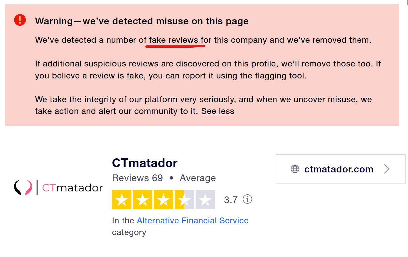 CTMatador Trustpilot Trustpilot identified fake reviews of CTMatador broker scam