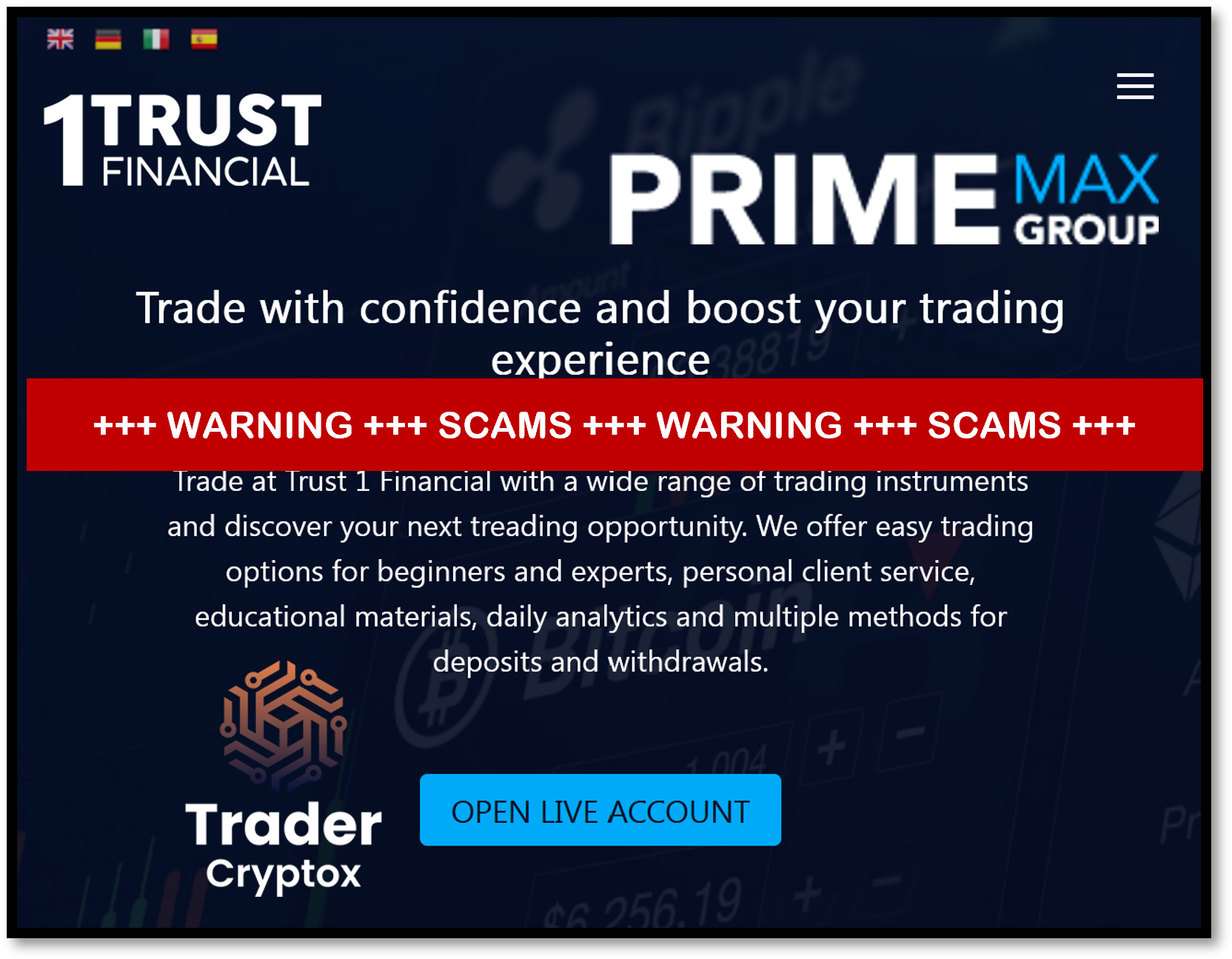 Trust1Financial FI investor warning against Trust1Financial Prime Max Group and Trader Cryptox