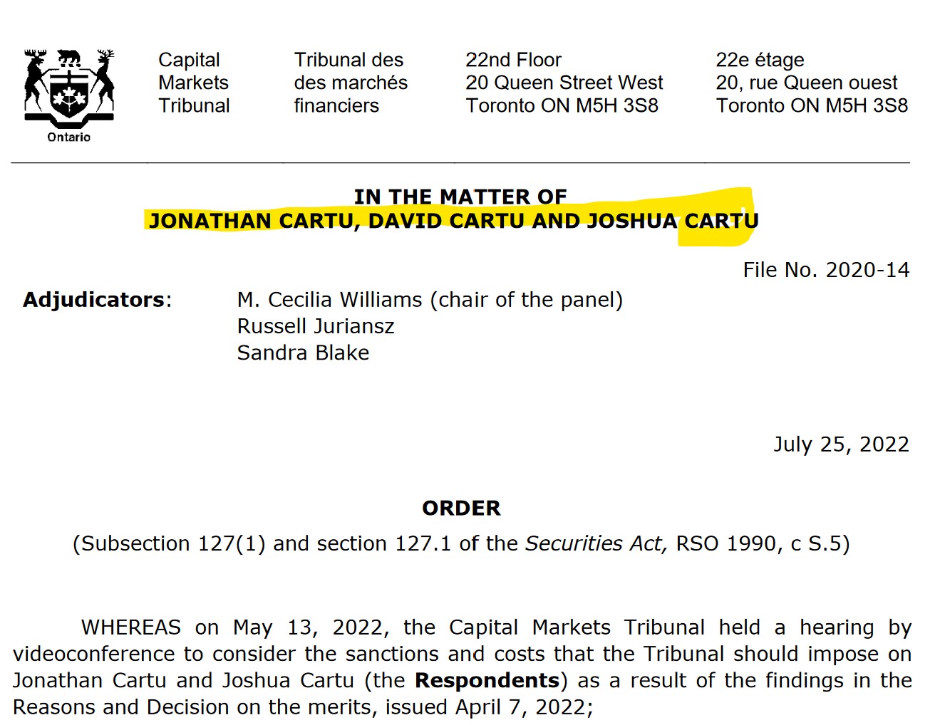 OSC Order July 25 OSC orders Cartu Brothers to pay millions in fines and disgorgement