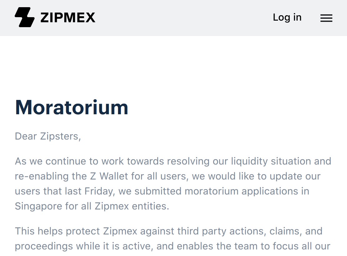 Zipmex Moratorium Zipmex files for bankruptcy in Singpore