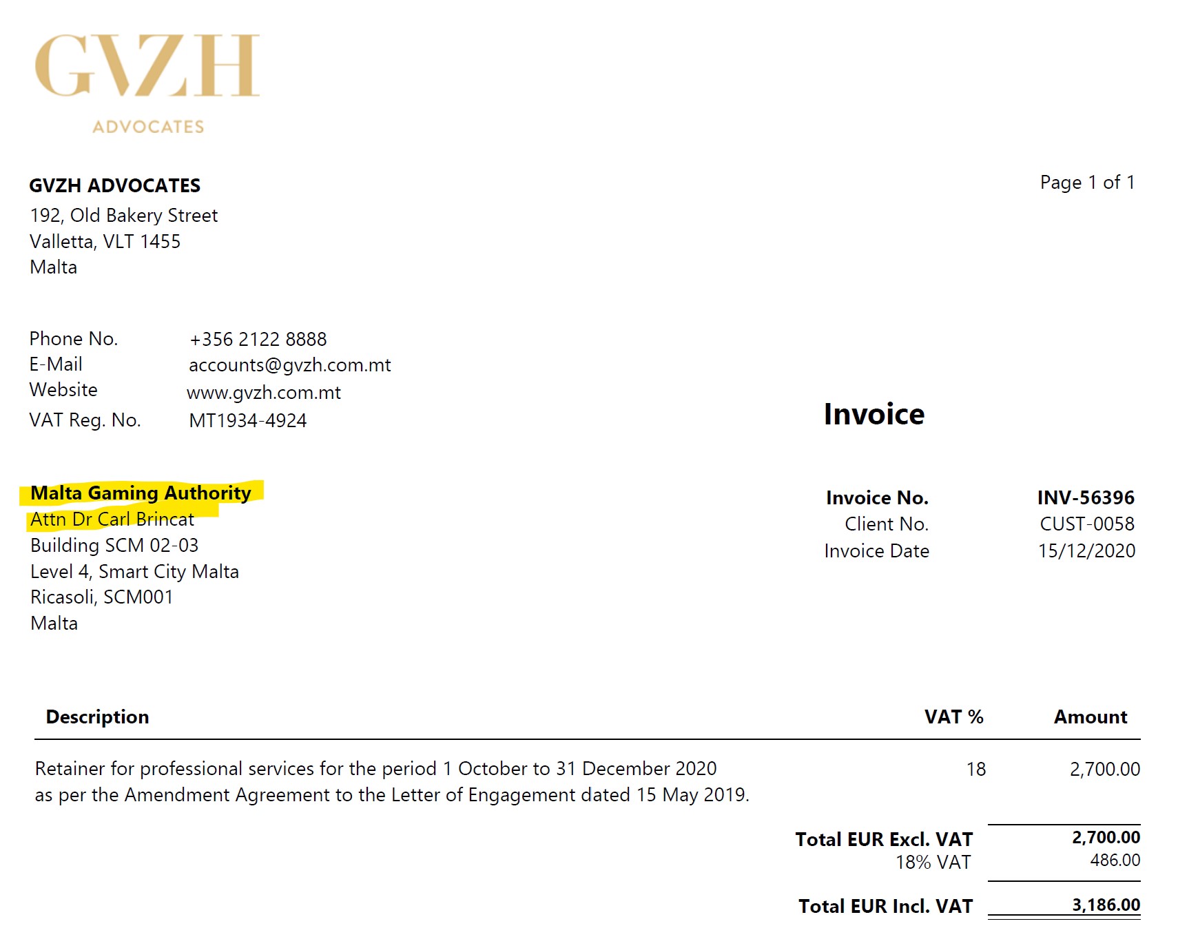 GVZH Invoice Maltese Gaming Authority retains external law firm GVZH