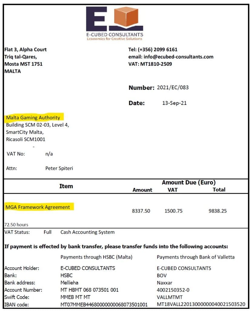 Gordon Cordina and his E-Cubed Consultants bills MGA for their services