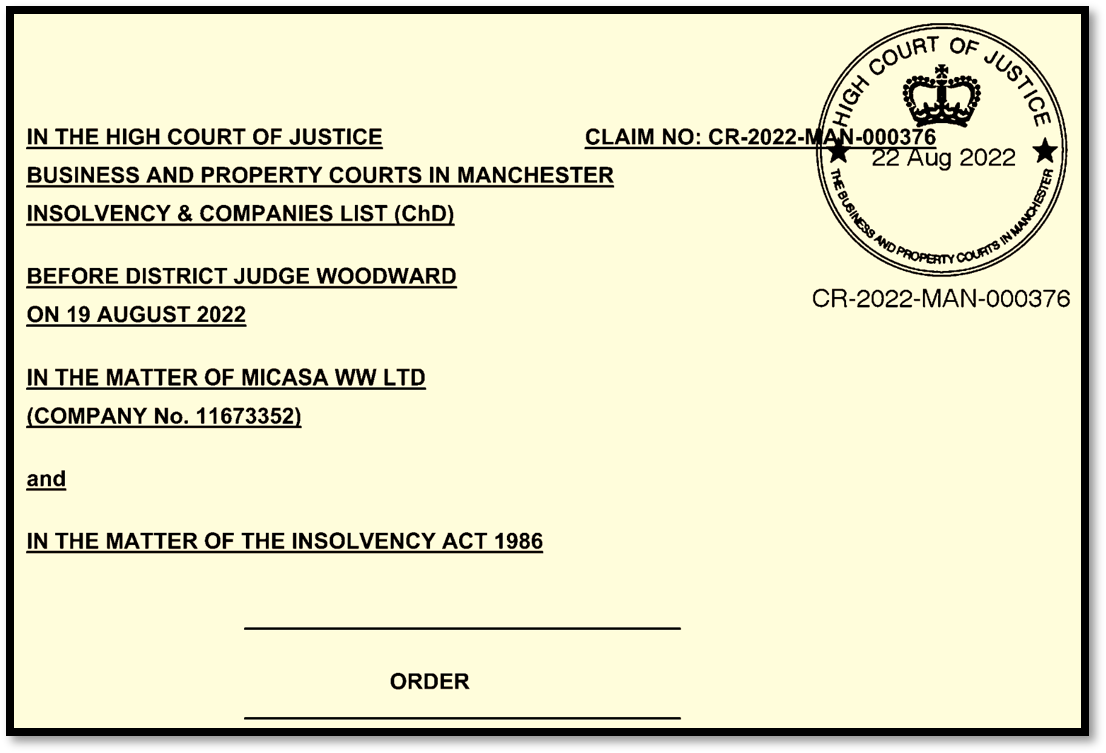 UK HIgh Court Order Micasa UK High Court Orders Wind up of alleged crypto scam company