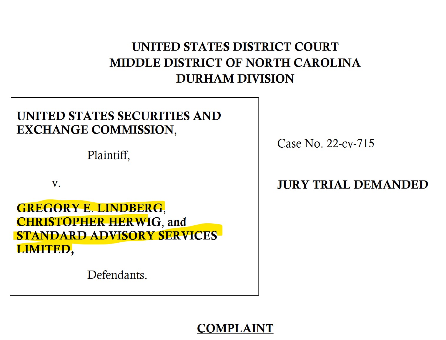 Gregory Lindberg Standard Advisory Services SEC SEC filed fraud complaint against Gregory Lindberg and Standard Advisory Services