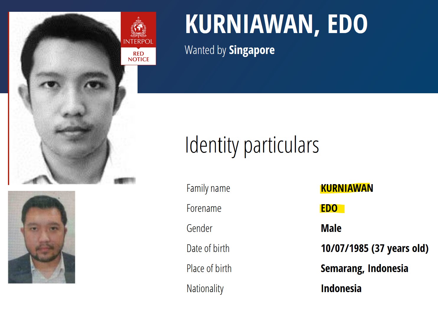 Red Notice Edo Kurniawan Interpol red notice against Edo Kurniawan