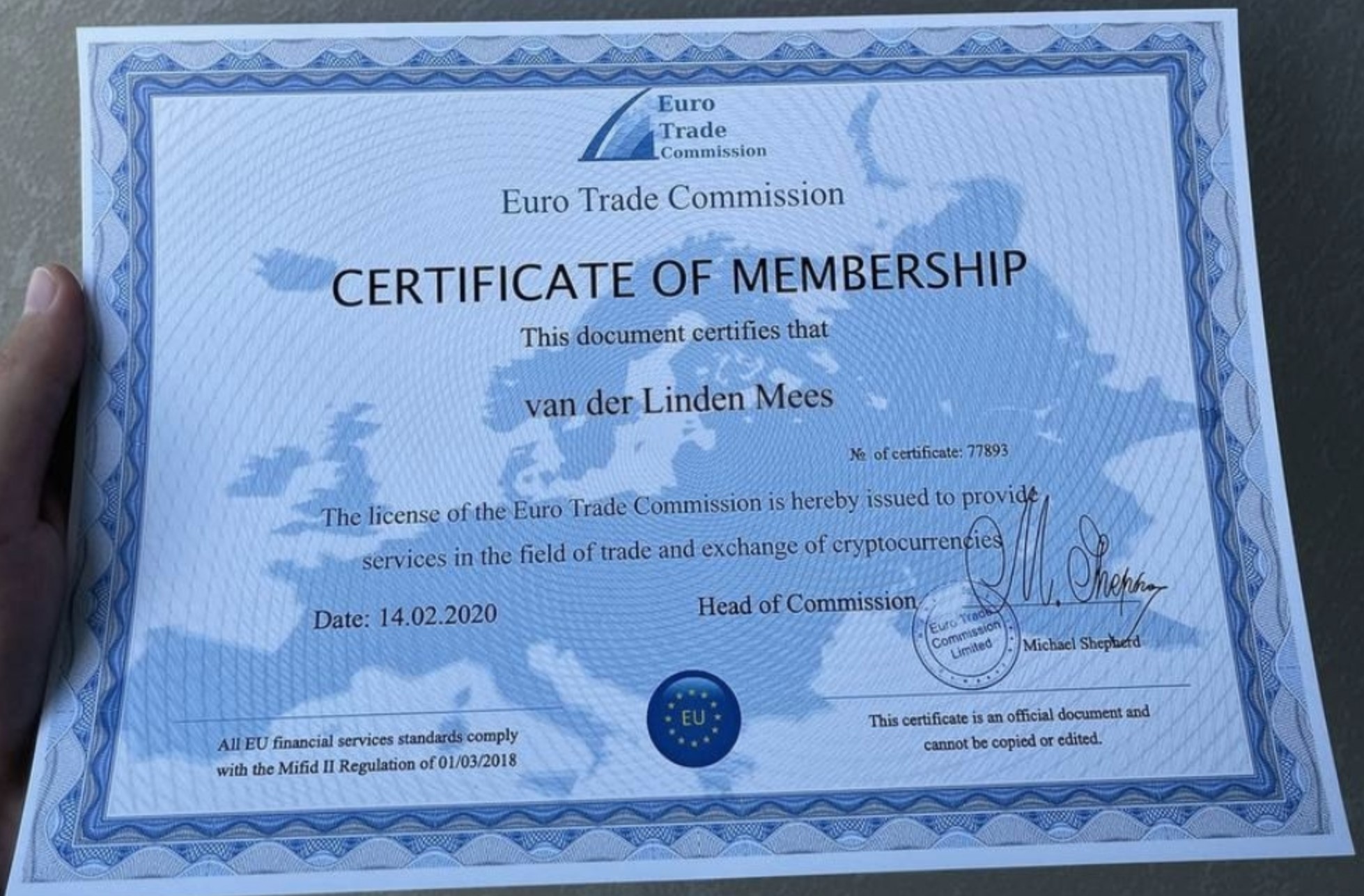Euro Trade Commission van der Linden Mees Euro Trade Commission fake certificate van der Linden Mees