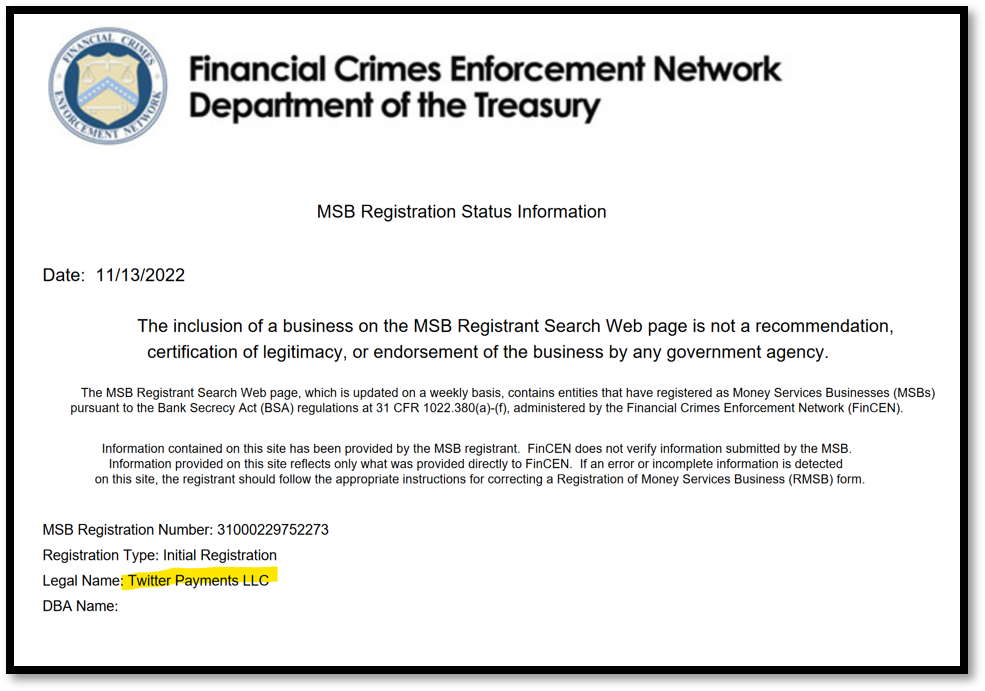 FinCEN Registration Twitter Twitter registers as money services business
