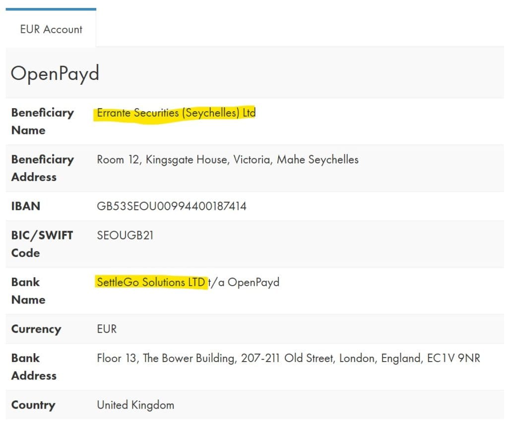 Offshore broker Errante maintains bank account with SettleGo Solutions