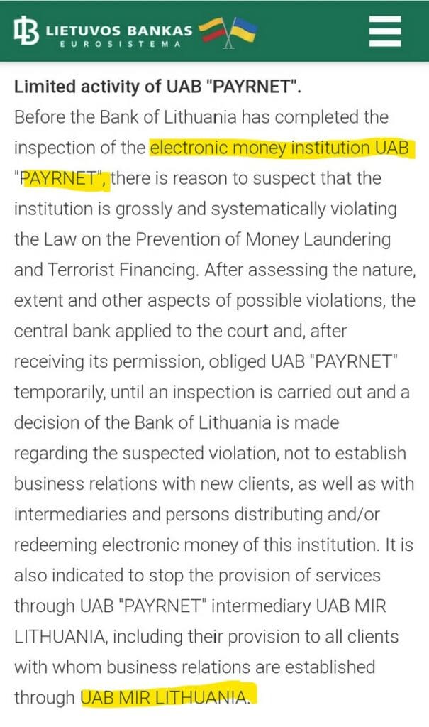 Bank of Lithuania investigates PayrNet for money laundering 