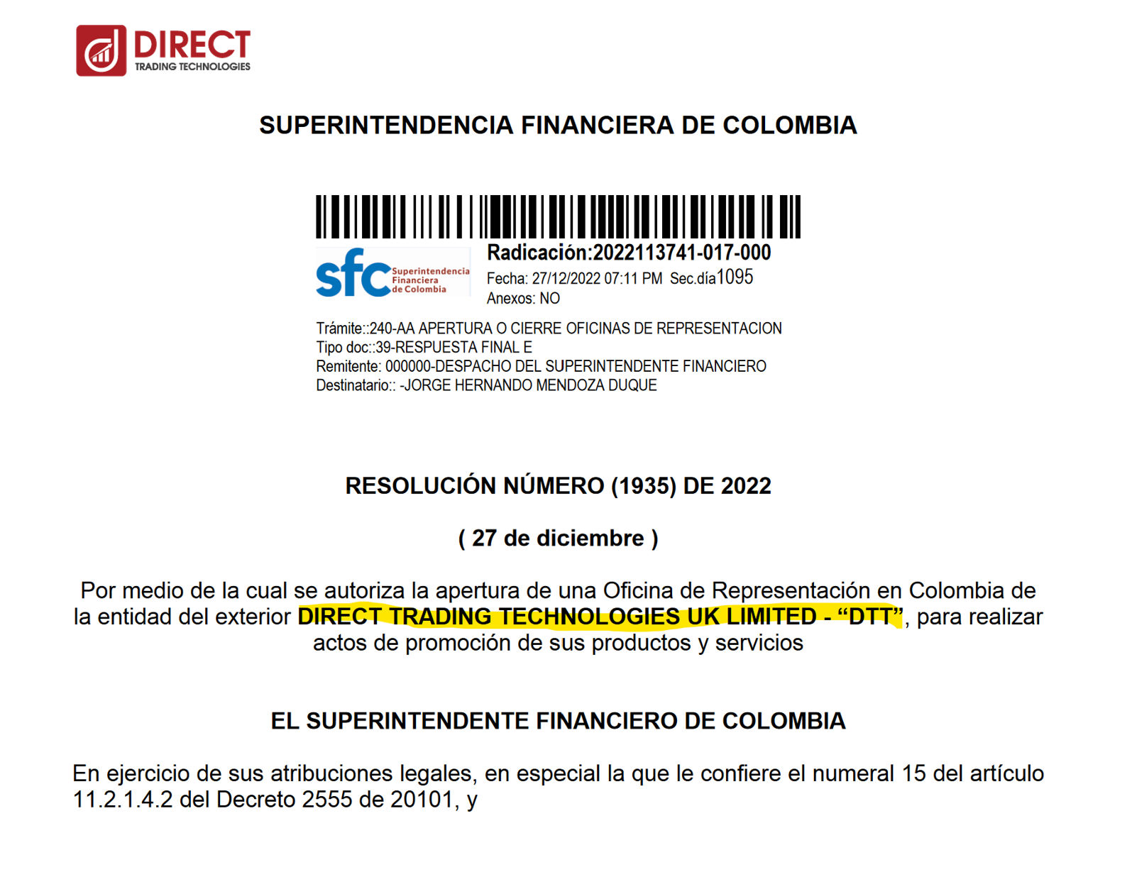 DTT SFC License Direct Trading Technologies secures SFC license in Colombia