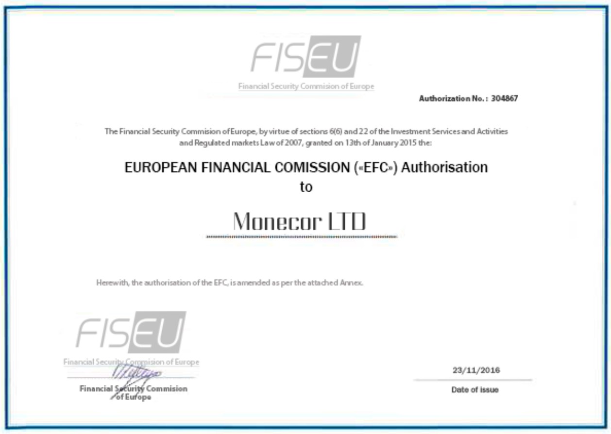 FISEU Monecor certificate FISEU certificate for Monecor