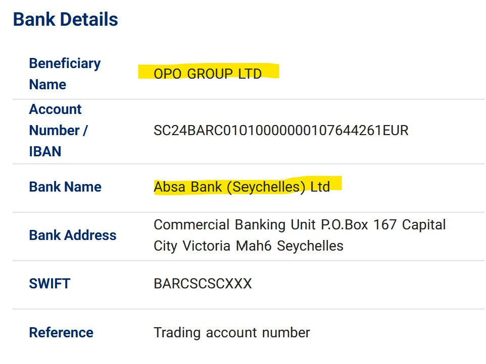 Opo Group bank account with Absa Bank Seychelles